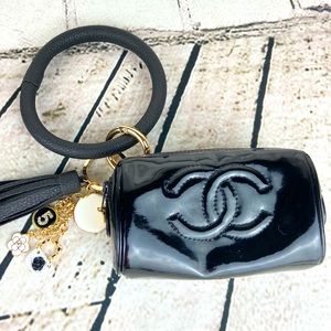 CHANEL card coin pouch wristlet keychain black patent leather with charms